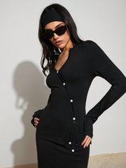 WOMEN SINGLE BREASTED LONG SLEEVE TOP AND PLEATED MINI SKIRT