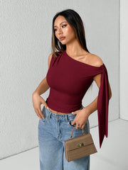 WOMEN'S SOLID COLOR MINIMALIST OBLIQUE COLLAR TIED BLOUSE