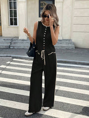 WOMEN COLORBLOCK PIPING FRONT BUTTON CREW NECK SLEEVELESS TOP AND DRAWSTRING LONG PANTS SET