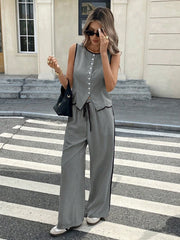 WOMEN COLORBLOCK PIPING FRONT BUTTON CREW NECK SLEEVELESS TOP AND DRAWSTRING LONG PANTS SET