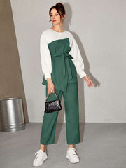WOMEN’S TWO TONE BELTED TOP & PANTs 2 PIECE SET