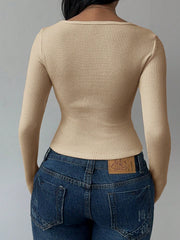 CASUAL SOLID COLOR KNIT LONG SLEEVE FITTED TOP