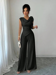 PEPLUM ROUND NECK TOP ASYMMETRICAL HEM AND LONG PANTS