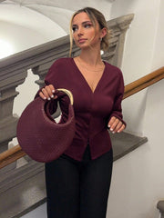 FRENCH RETRO V-NECK RAGLAN SLEEVE KNIT TOP