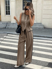WOMEN COLORBLOCK PIPING FRONT BUTTON CREW NECK SLEEVELESS TOP AND DRAWSTRING LONG PANTS SET