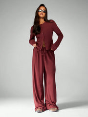 LONG SLEEVE BUTTON-UP TOP WIDE-LEG PANTS LOUNGE OUTFIT