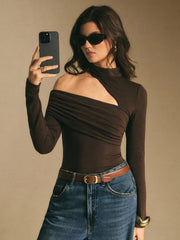 STAND COLLAR LONG SLEEVE CUTOUT RUCHED FITTED TOP