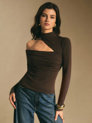 STAND COLLAR LONG SLEEVE CUTOUT RUCHED FITTED TOP