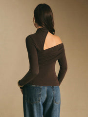 STAND COLLAR LONG SLEEVE CUTOUT RUCHED FITTED TOP
