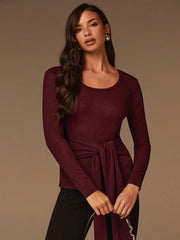 ROUND NECKLINE LONG SLEEVES WAIST TIE DETAIL TOP