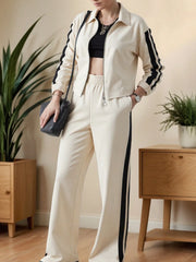 STRIPED ZIP-UP JACKET & HIGH WAIST COMFORTABLE WIDE LEG PANTS