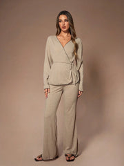 V-NECK CRISS-CROSS TIE LONG SLEEVE FLARED LEG LOUNGE WEAR