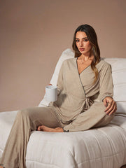 V-NECK CRISS-CROSS TIE LONG SLEEVE FLARED LEG LOUNGE WEAR