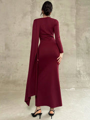 LONG SLEEVE RUFFLE TRIM ROUND NECK WAIST PLEATED BODYCON