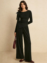 ASYMMETRIC TIE-SHOULDER SLIM-FIT TOP & FLOWY WIDE-LEG TROUSER