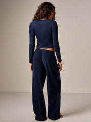LOUNGEWEAR SET LONG SLEEVE HENLEY TOP WIDE LEG PANTS
