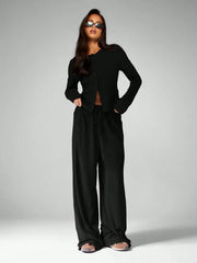 LONG SLEEVE BUTTON-UP TOP WIDE-LEG PANTS LOUNGE OUTFIT