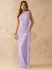 ASYMMETRIC RUFFLED BACKLESS LONG FLOUNCE HEM DRESS