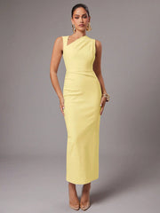 ASYMMETRIC NECK RUCHED FITTED DRESS