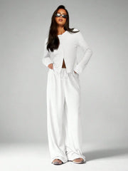 LONG SLEEVE BUTTON-UP TOP WIDE-LEG PANTS LOUNGE OUTFIT