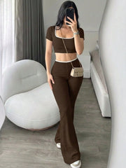 CROPPED SHORT SLEEVE TOP AND FLARED LEG PANTS
