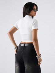 REGULAR SHOULDER SHORT SLEEVE LACE PATCHWORK FITTED CROPPED TOP