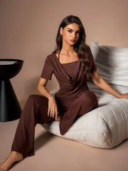 DRAPED NECK LOOSE FIT SHORT SLEEVE & LONG PANTS PAJAMA SET