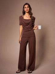 DRAPED NECK LOOSE FIT SHORT SLEEVE & LONG PANTS PAJAMA SET