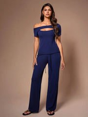 MINIMALIST ASYMMETRICAL SHOULDER SHORT SLEEVE PANTS PAJAMA SET