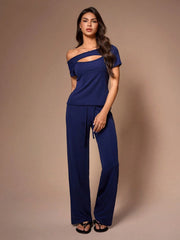 MINIMALIST ASYMMETRICAL SHOULDER SHORT SLEEVE PANTS PAJAMA SET