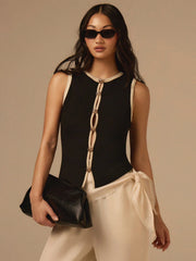 SLEEVELESS CONTRAST TRIM BUTTON DECOR TOP