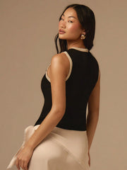 SLEEVELESS CONTRAST TRIM BUTTON DECOR TOP