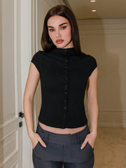 MOCK NECK CAPPED SLEEVE BUTTON UP TOP