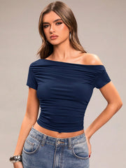 RUCHED ASYMMETRICAL SHOULDER SHORT SLEEVE CROPPED FITTED TOP