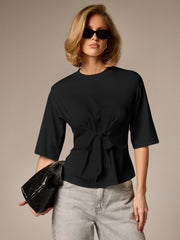 HALF SLEEVE TIE FRONT CINCHED WAIST T-SHIRT