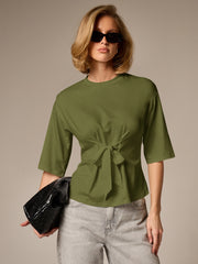 HALF SLEEVE TIE FRONT CINCHED WAIST T-SHIRT