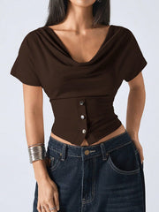LAPEL SHORT SLEEVE BUTTON DESIGN ELEGANT TOP
