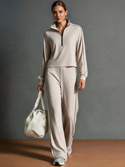 STRIPED HALF-ZIP LONG SLEEVE CROPPED HOODIE AND FLARED PANTS