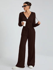 STREET STYLE HOODED MID-FRONT ZIPPER WITH WIDE-LEG TROUSER