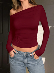SOLID COLOR ASYMMETRIC COLLAR PLEATED CROPPED TOP