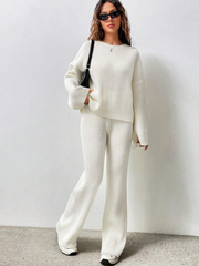 SOLID COLOR DROP SHOULDER SWEATER AND KNITTED WIDE LEG PANTS