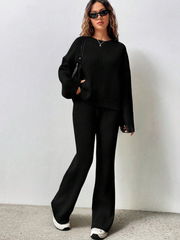 SOLID COLOR DROP SHOULDER SWEATER AND KNITTED WIDE LEG PANTS