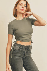 KNIT RUCHED SIDE TIE TEE