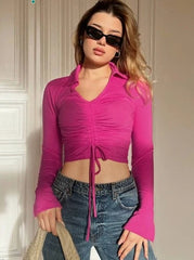 V NECK DRAWSTRING AND CENTURE KNITTED CASUAL T SHIRT