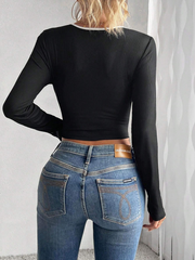 BOWKNOT TIGHT FITTED ROUND NECK LONG SLEEVE CROP TOP