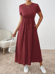 WOMEN'S SOLID CREW NECK TWIST FRONT POCKET SHORT SLEEVE SUMMER DRESS