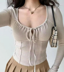 LONG SLEEVE U-NECK BOW DETAIL SLIM FIT TOP