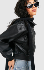 CROPPED FAUX LEATHER ZIP BOMBER JACKET