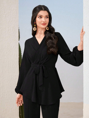 LANTERN SLEEVE BELTED BLOUSE & SPLIT HEM PANTS 2 PIECE SET MODEST