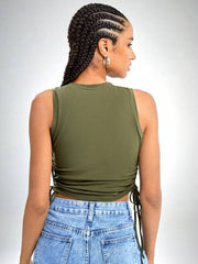 DRAWSTRING RUCHED SIDE CROP TANK TOP